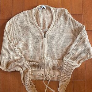Zara Tan Open-Weave Zip Cardigan with Drawstring Hem